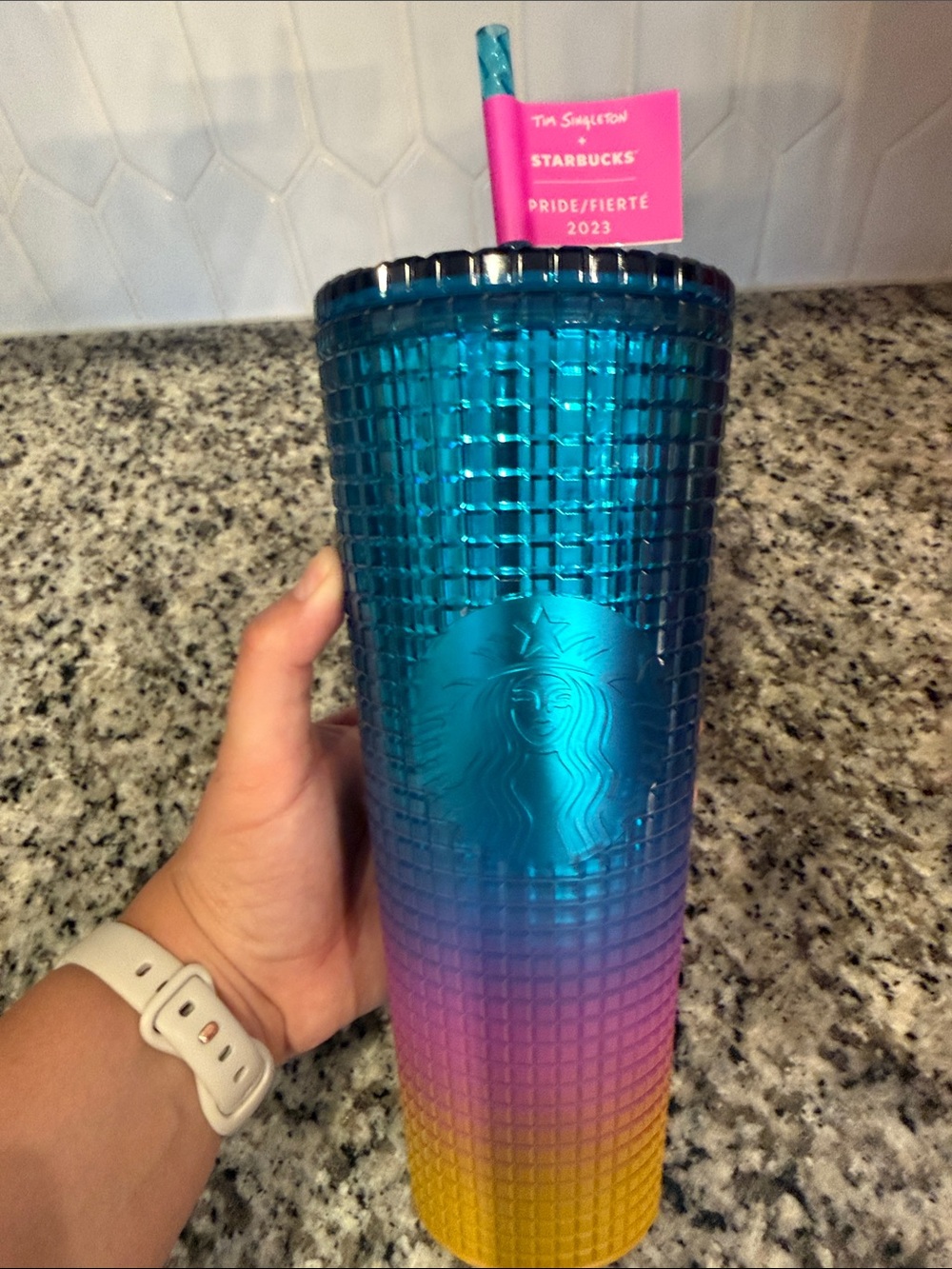 Starbucks Teal Pink Yellow Studded Ombre Tumbler with Straw